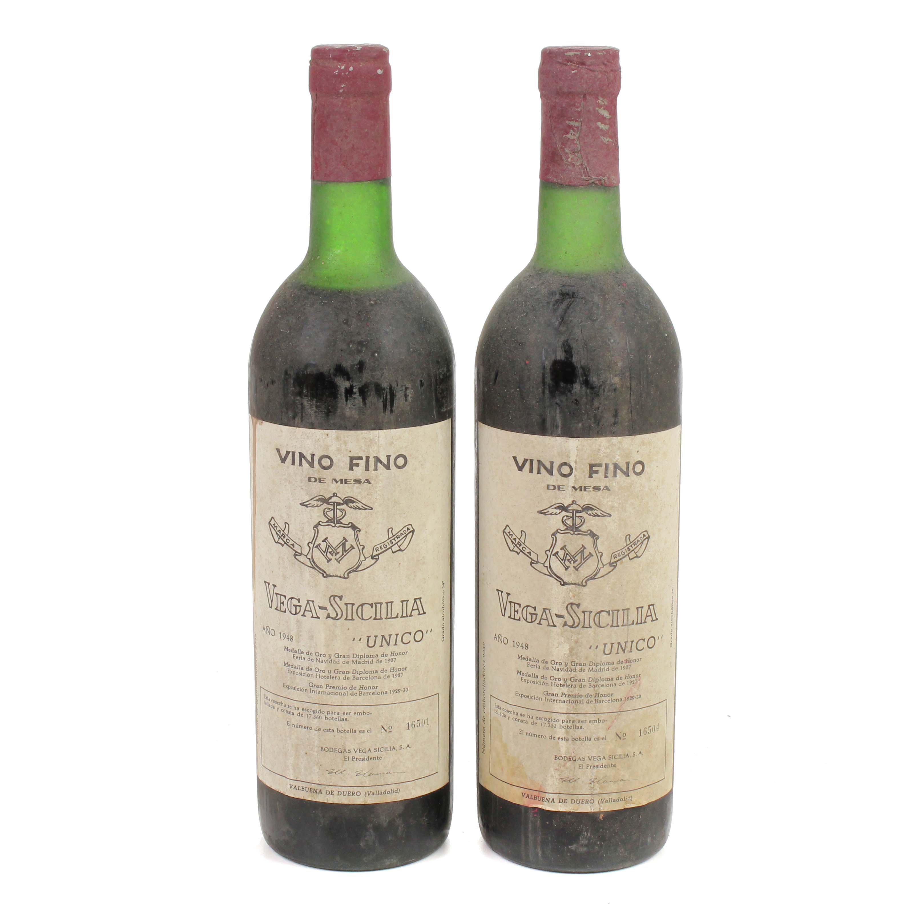 TWO BOTTLES OF 1948, VEGA SICILIA, UNIQUE, SPAIN. 