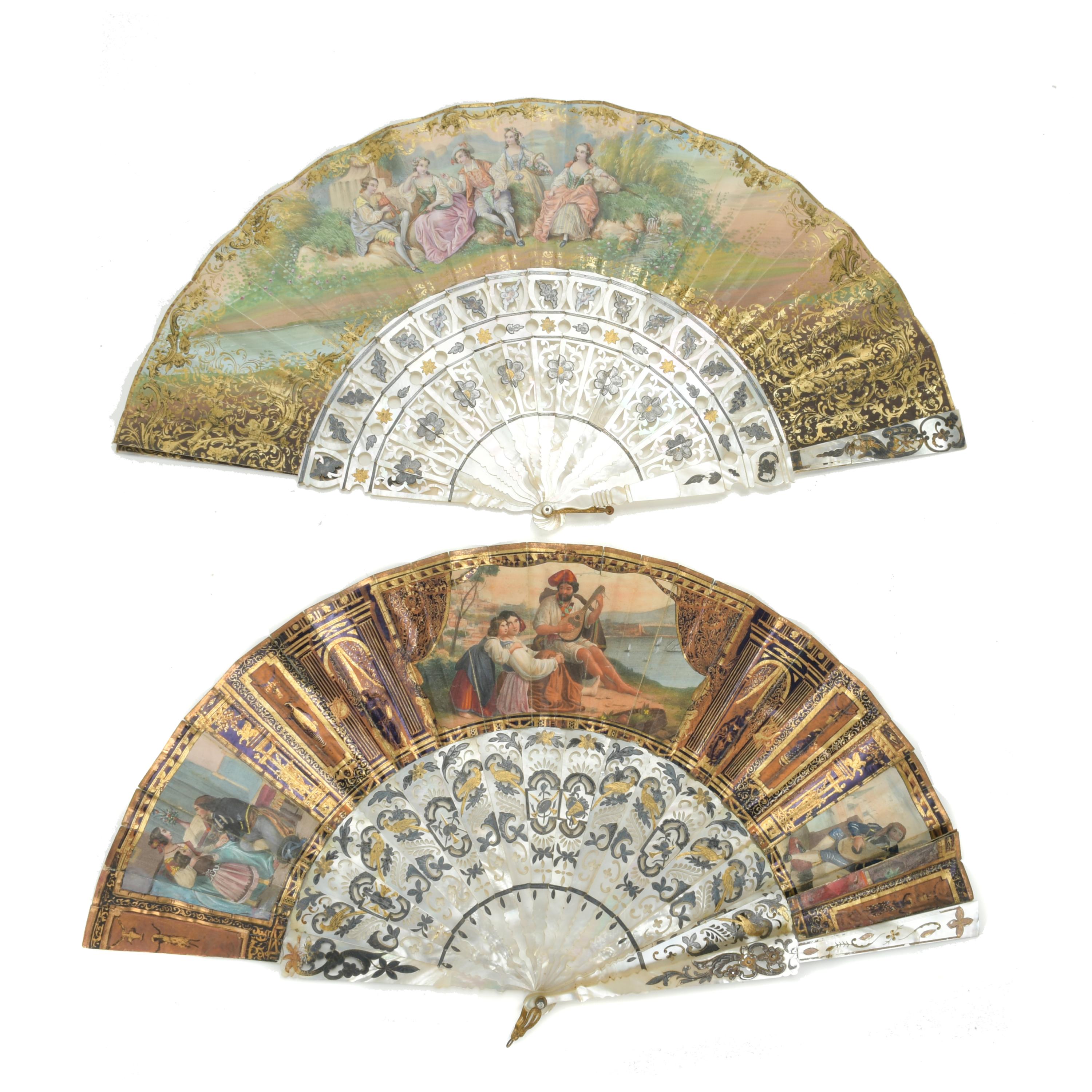 TWO ELIZABETHAN FANS, 19TH CENTURY.