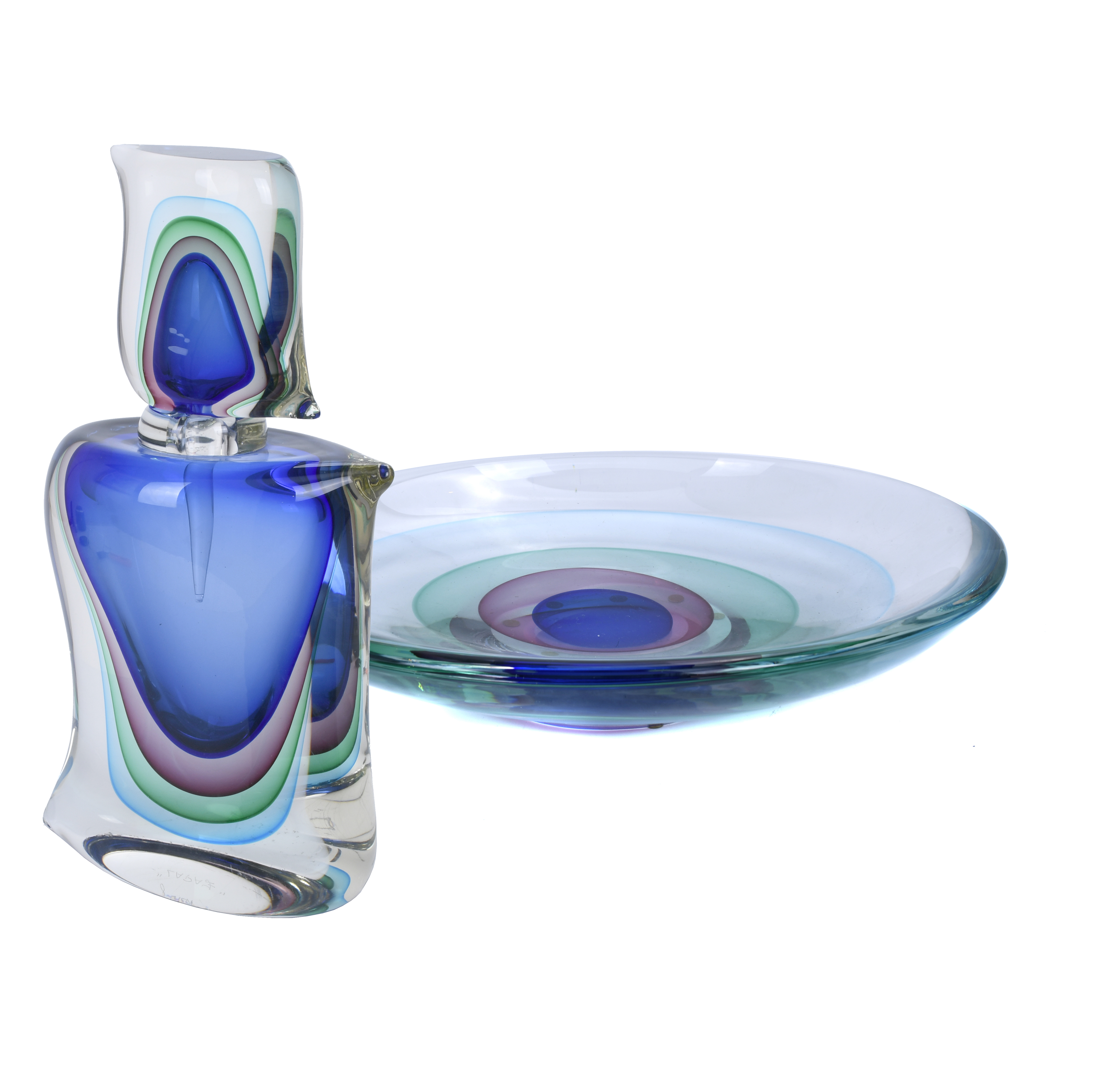 LARGE MURANO DISH AND BOTTLE-FLASK, 2003 AND 2005.