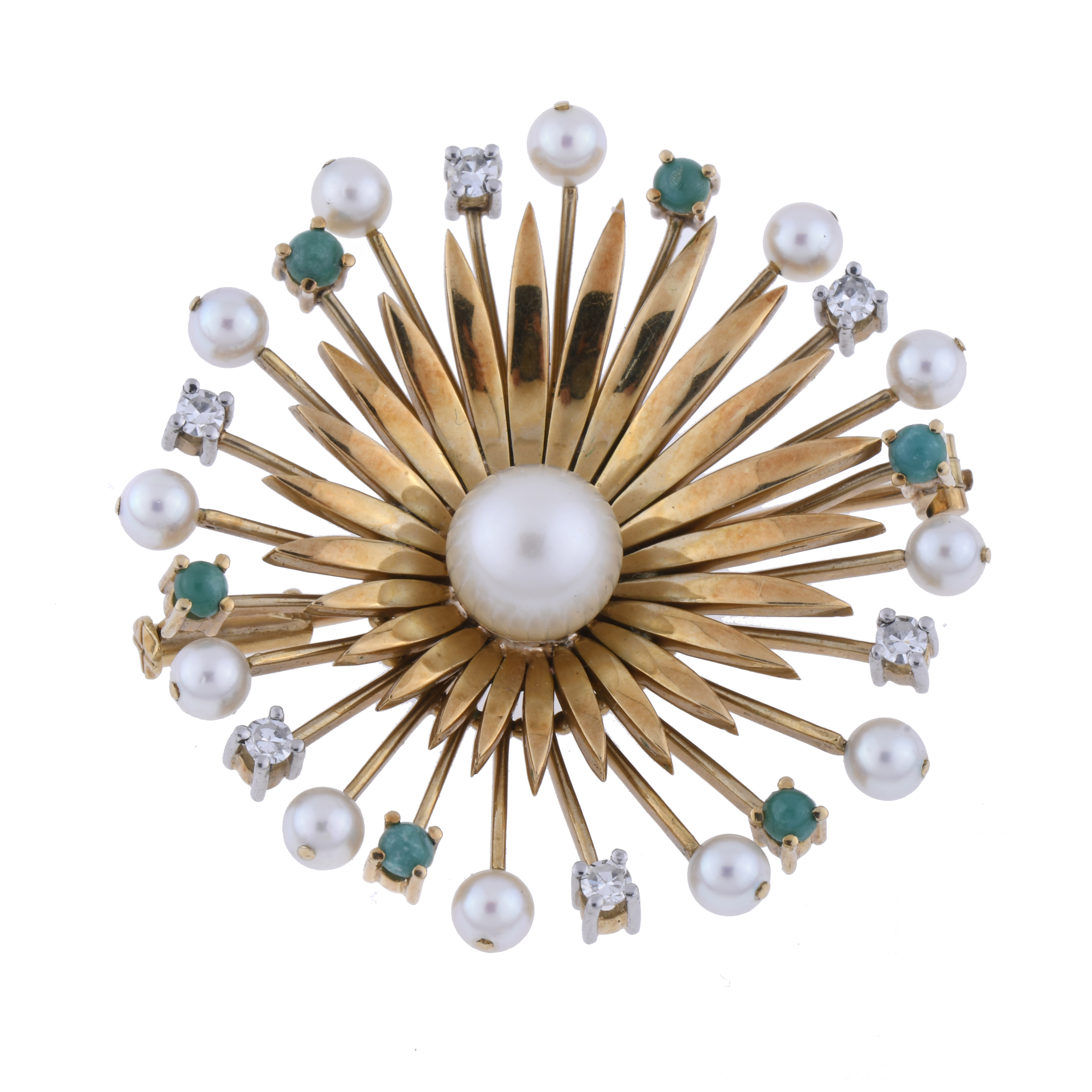 FLORAL BROOCH WITH DIAMONDS AND PEARLS.