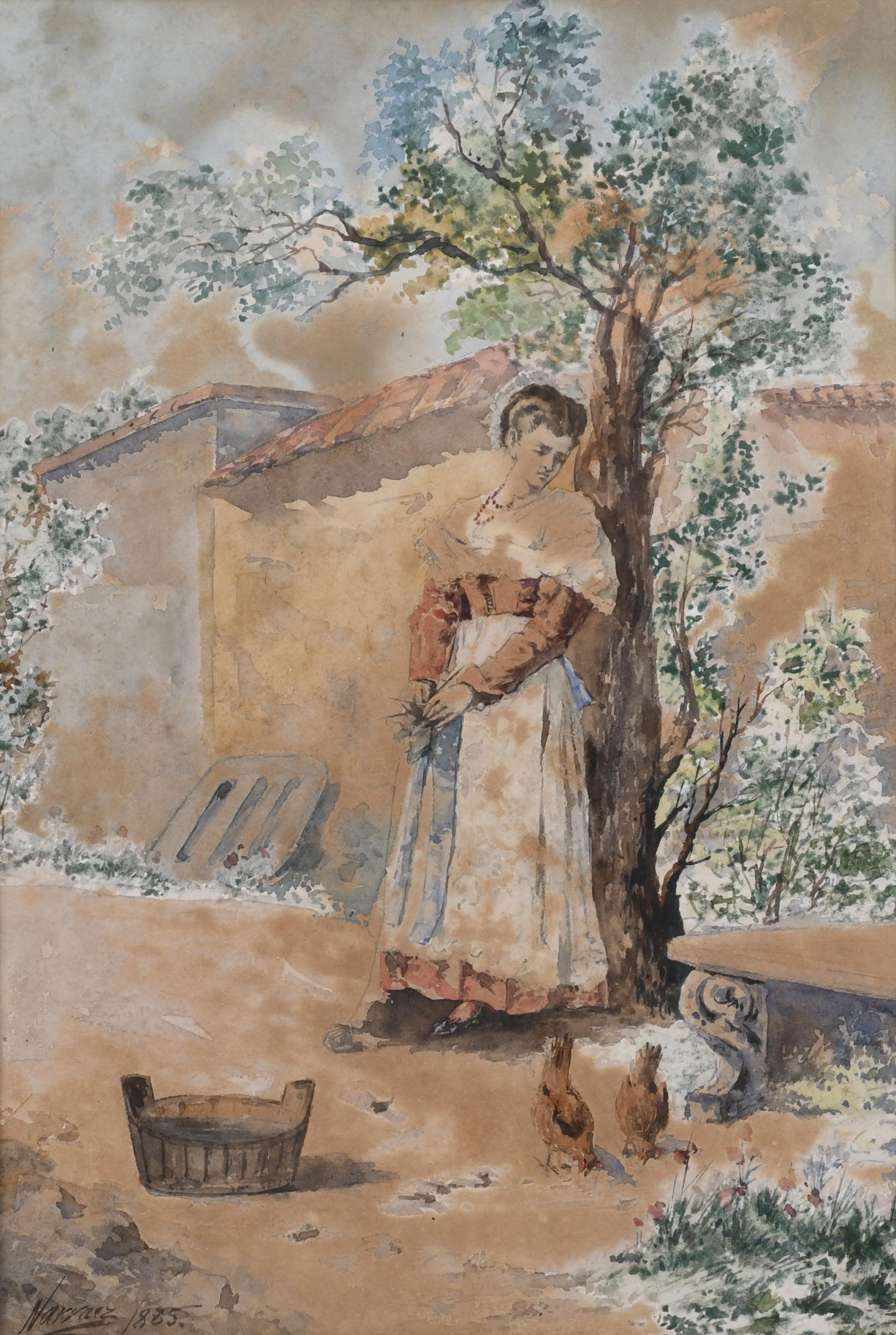 19TH CENTURY, SPANISH SCHOOL. "GIRL AND HENS", 1885.