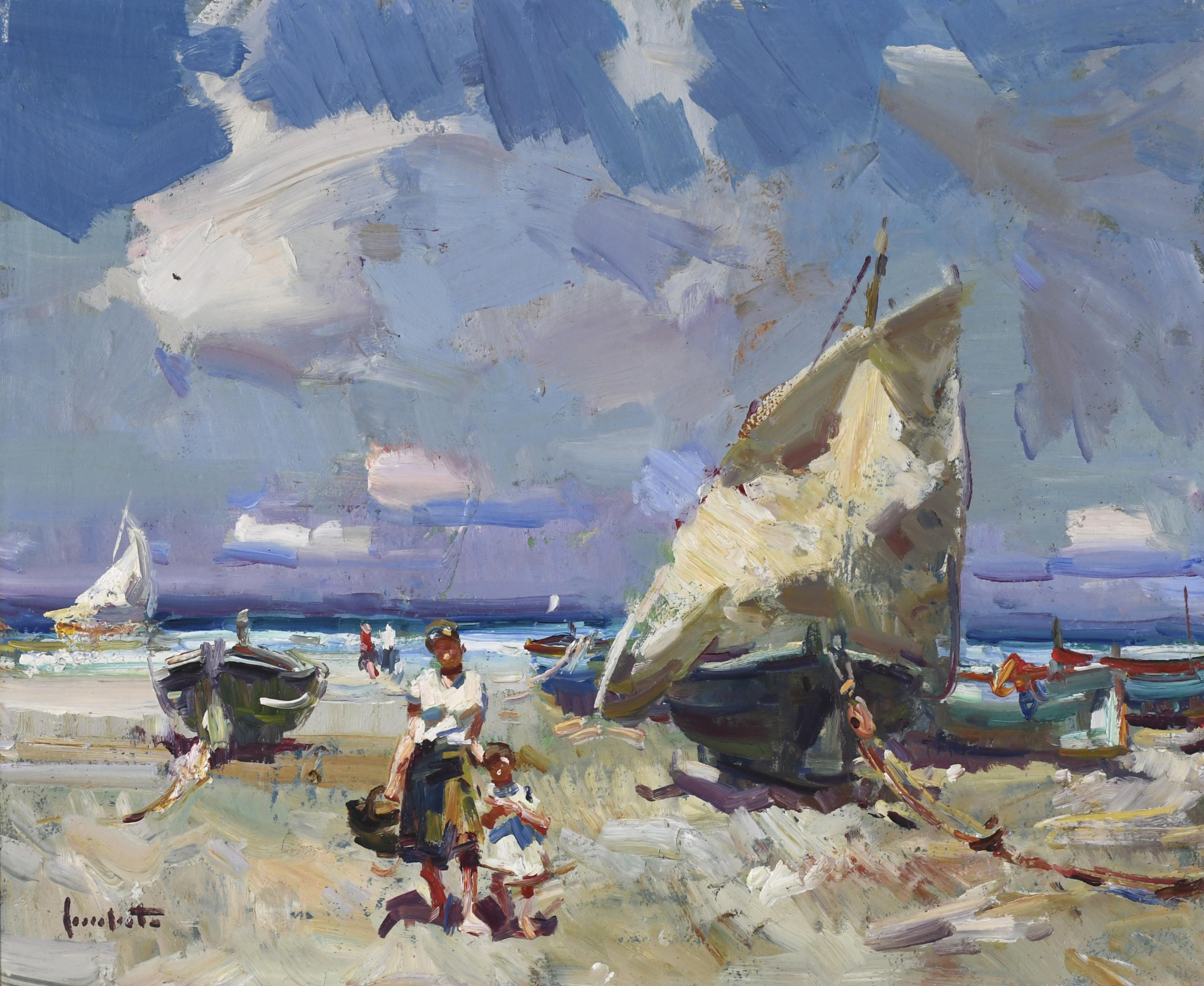 JOSEP SERRASANTA (1916-1998). "BARCAS Y FIGURAS EN LA PLAYA