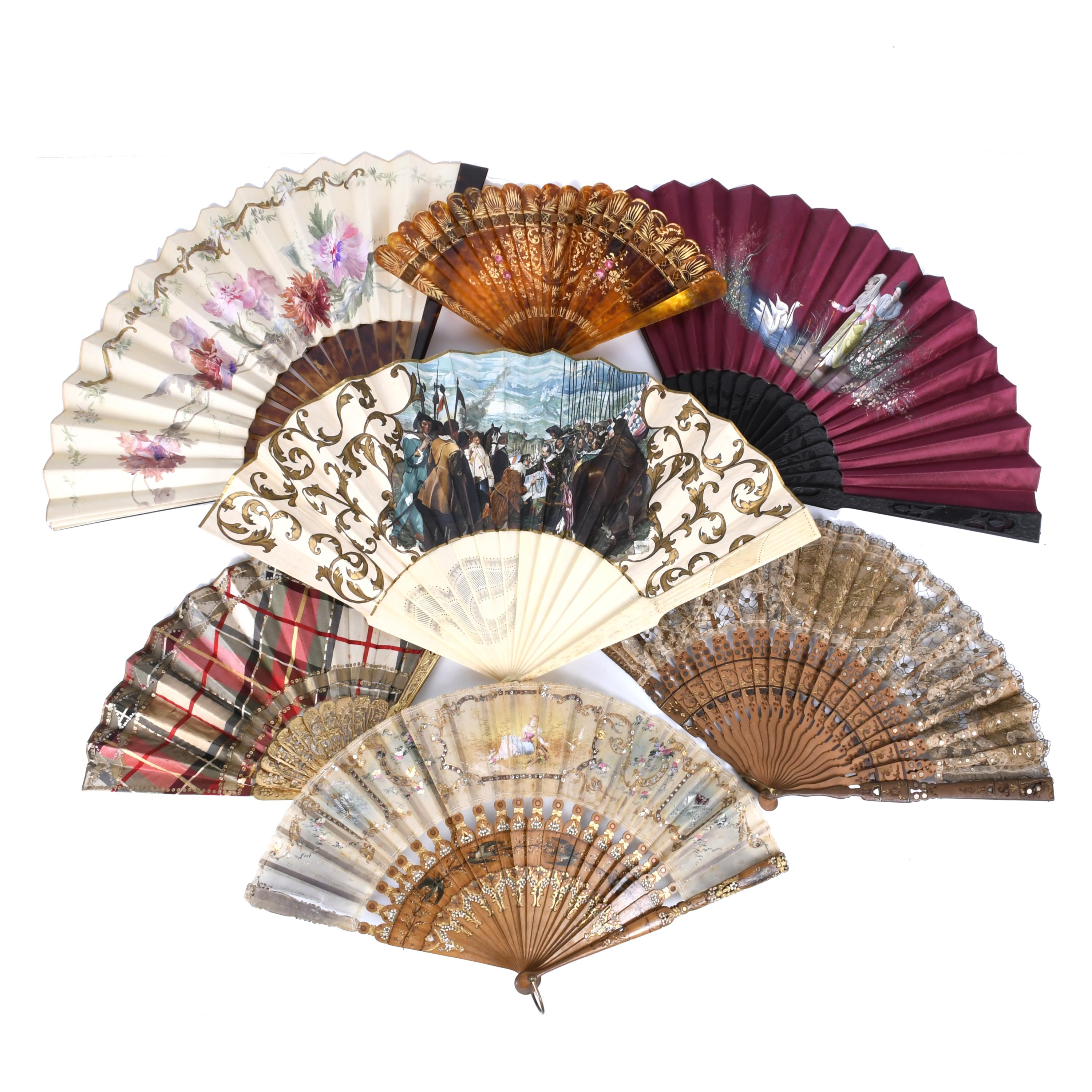 SET OF SEVEN FANS, 19TH AND 20TH CENTURIES.