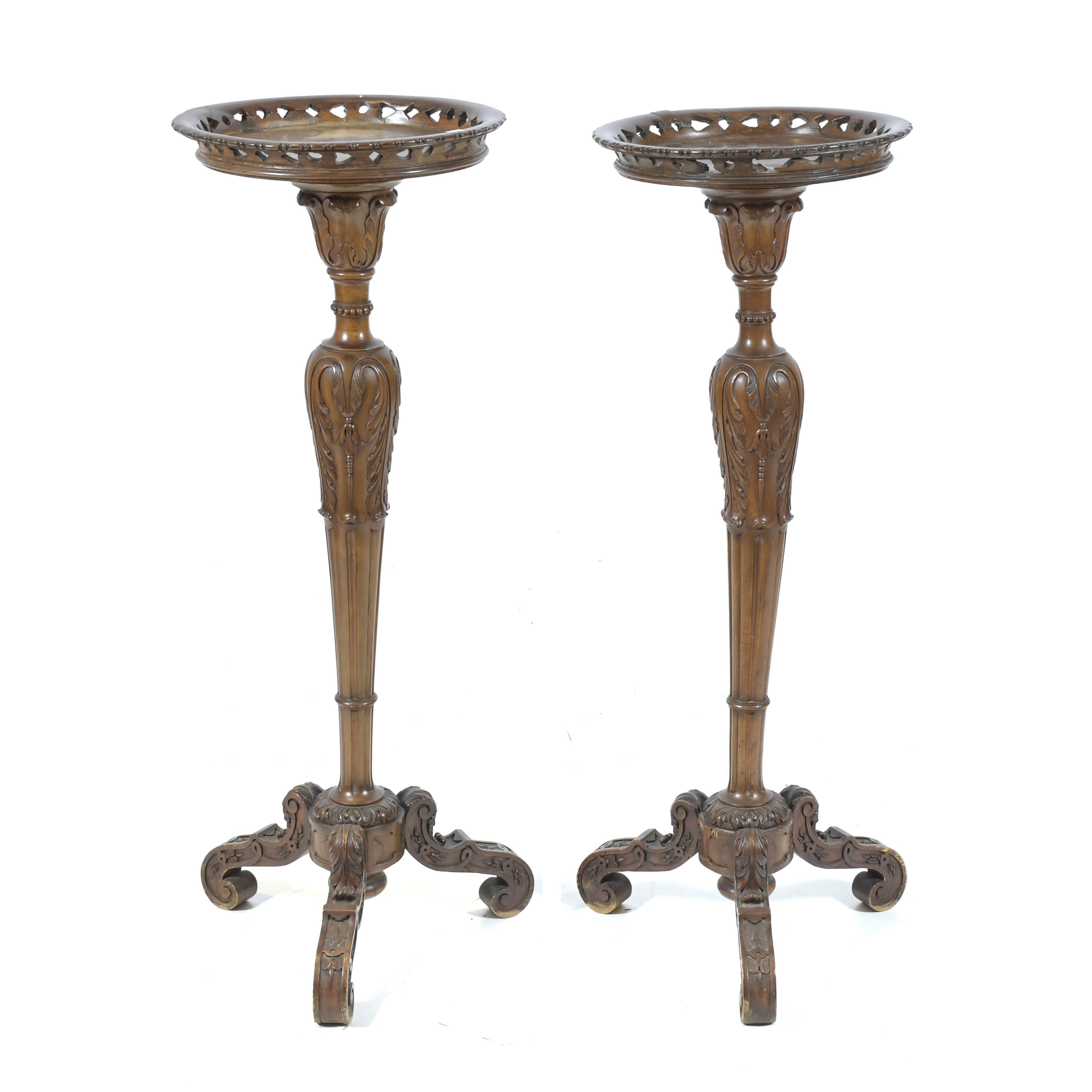 TWO GEORGE II STYLE WOODEN TORCH STANDS.