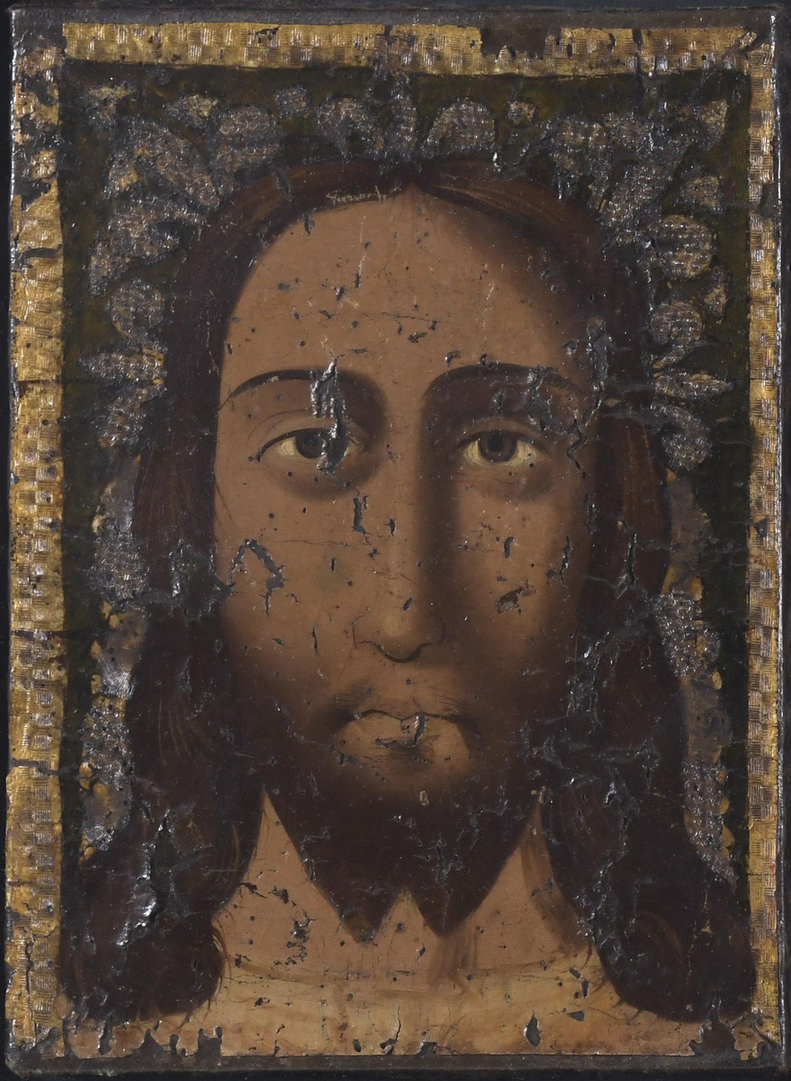 17TH CENTURY ANDALUSIAN SCHOOL. "HOLY FACE" EMBOSSED LEATHE