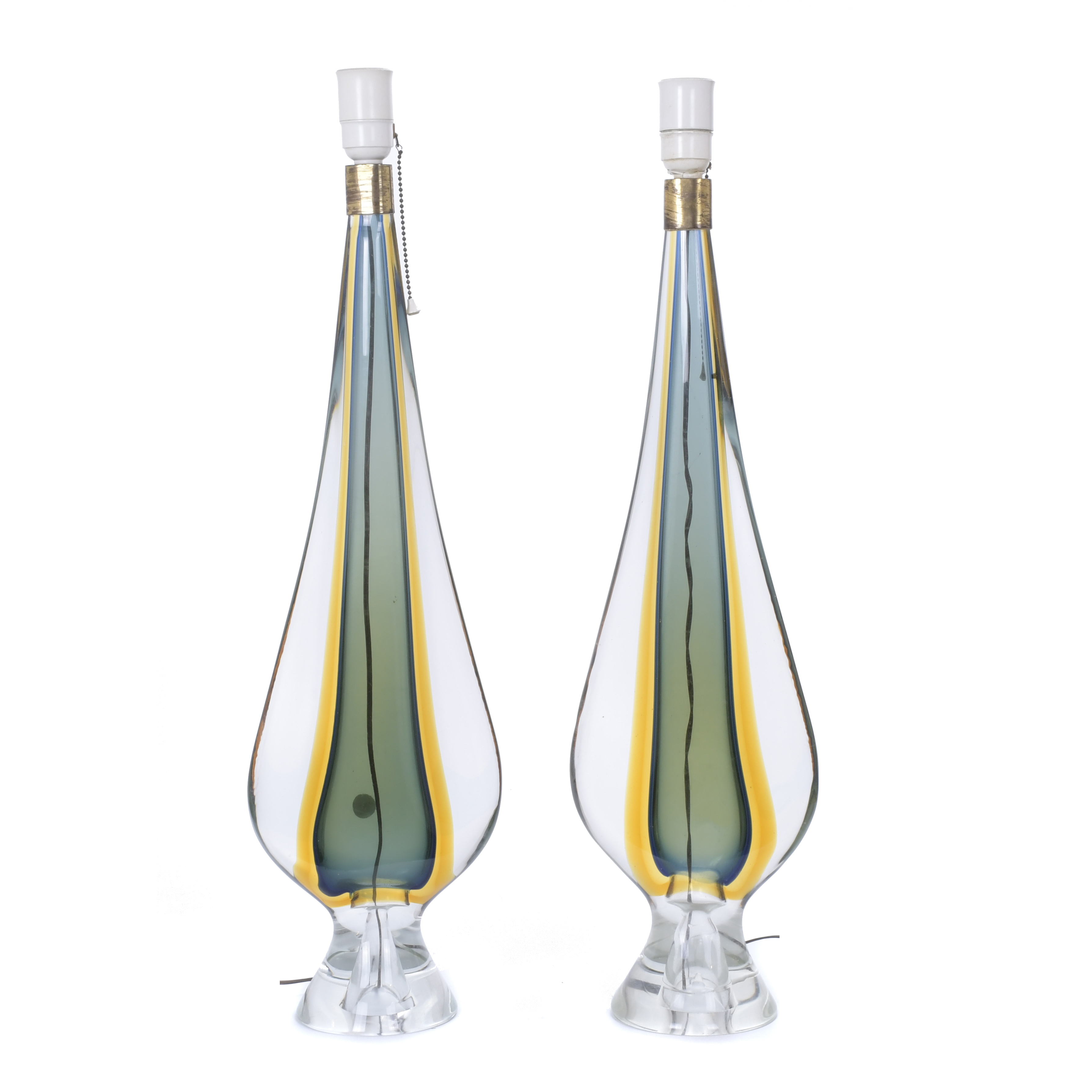 PAIR OF MURANO GLASS LAMPS AFTER MODELS BY FLAVIO POLI.