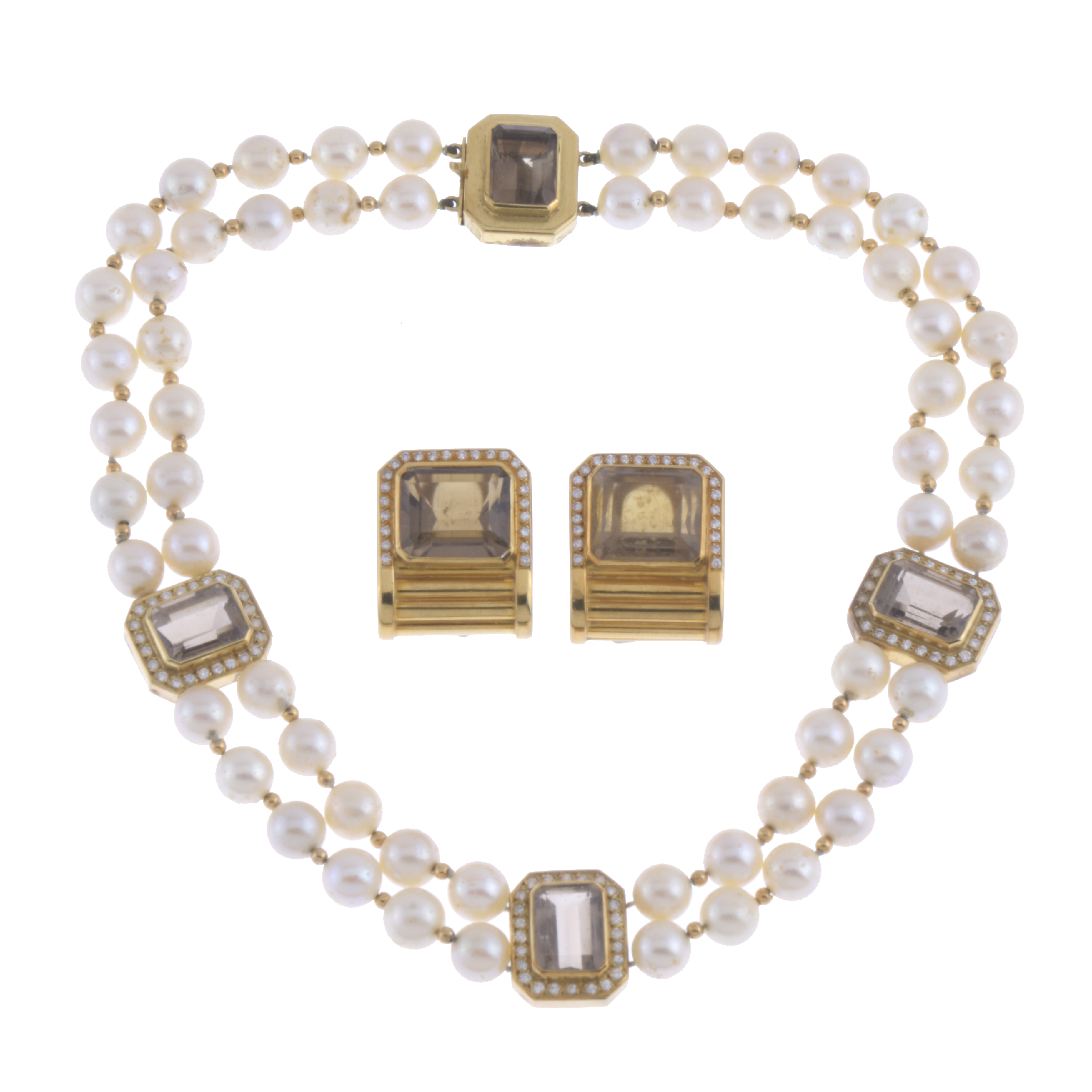 NECKLACE AND EARRINGS WITH PEARLS, DIAMONDS AND SMOKY QUART