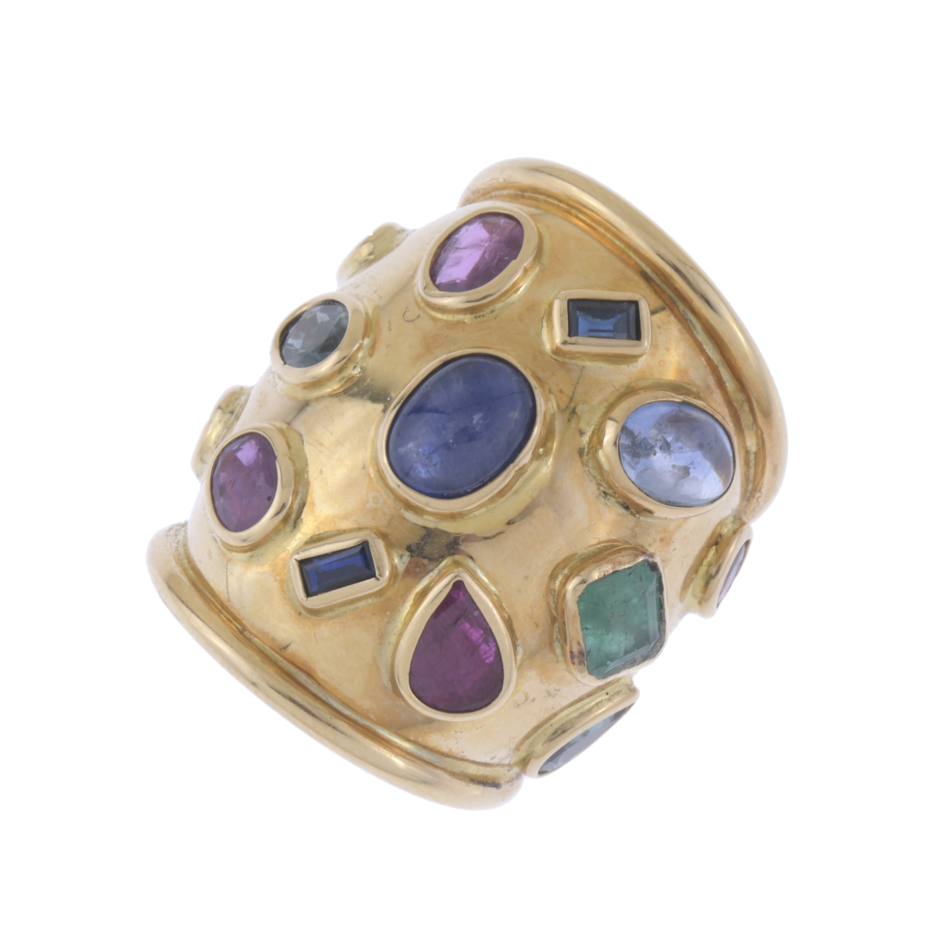 LARGE BULGARI-LIKE RING WITH ASSORTED GEMSTONES.