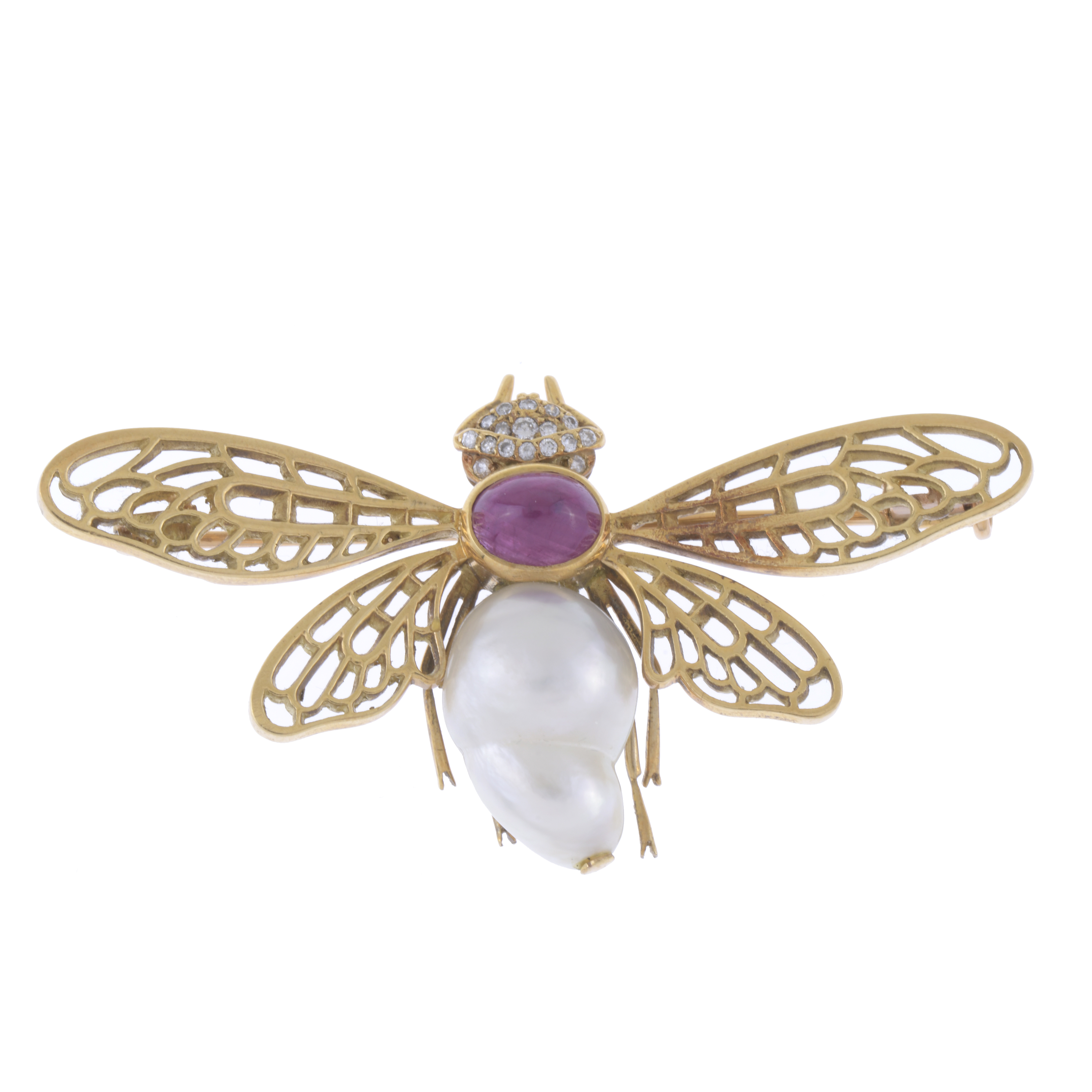 BROCHE MOSCA CON PERLA Y RUBÍ CABUJÓN.