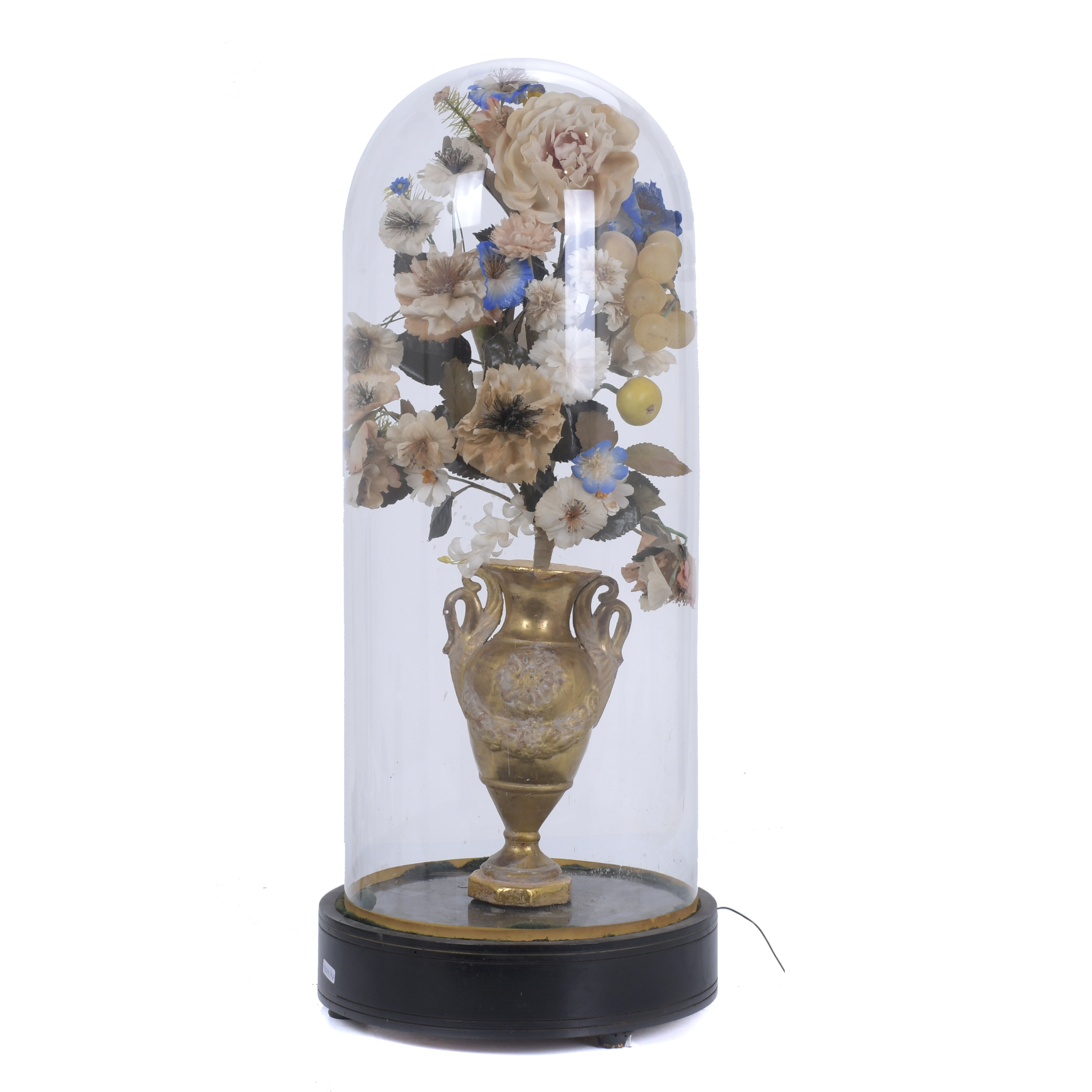 ELIZABETHAN STYLE VASE WITH GLASS BELL JAR.