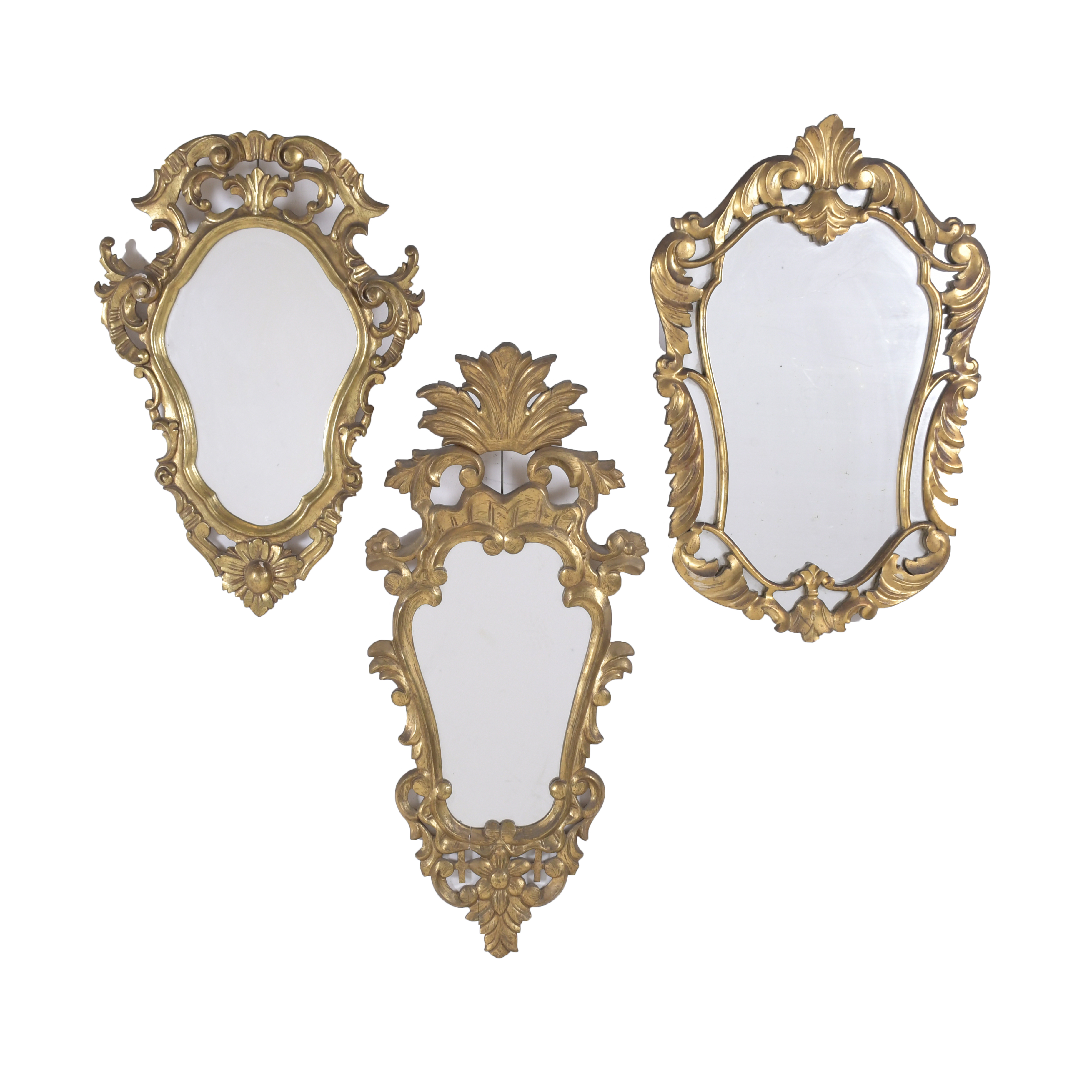 SET OF THREE ELIZABETHAN STYLE MIRRORS, 20TH CENTURY. 