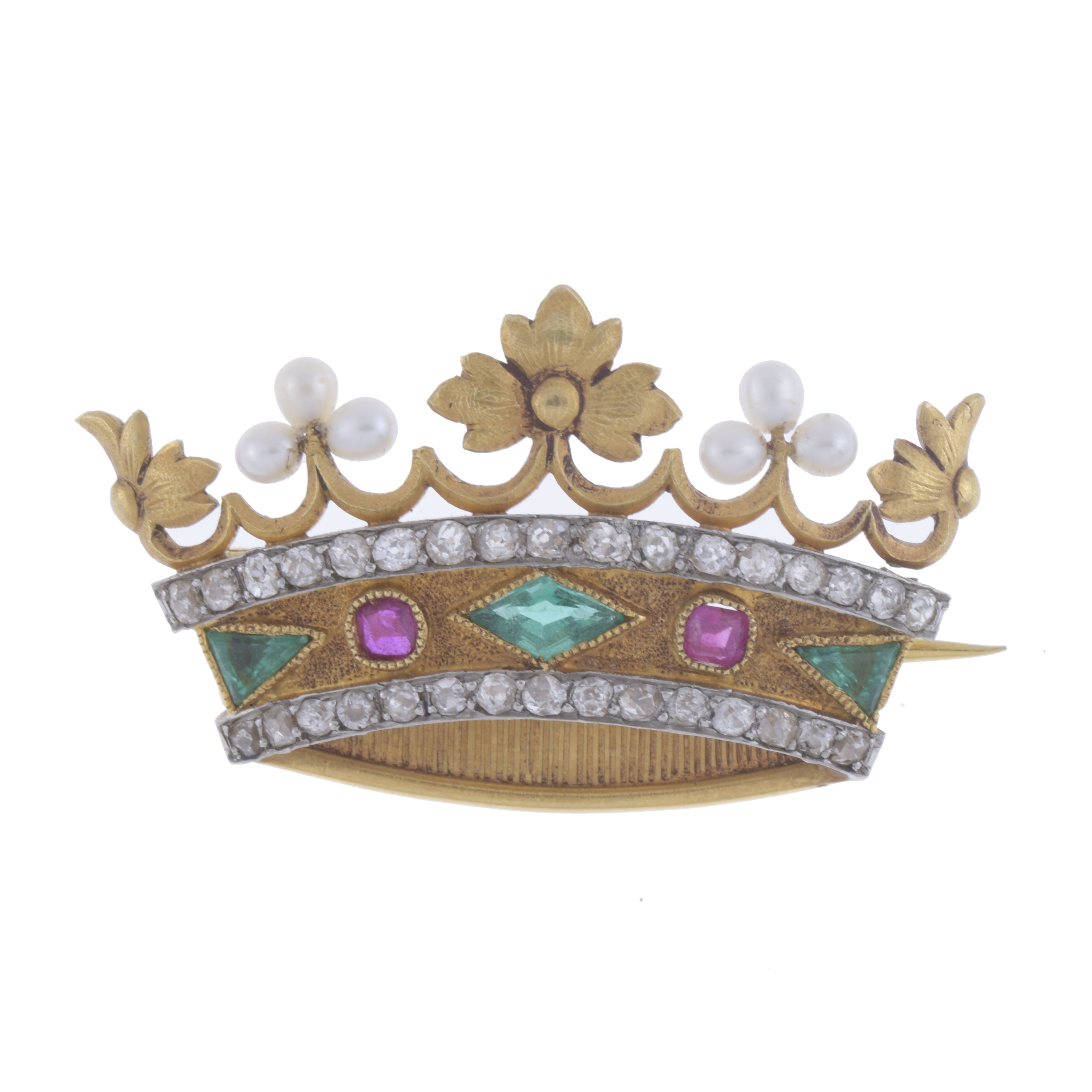 BROCHE EN FORMA DE CORONA CON DIAMANTES RUBÍES Y ZAFIROS