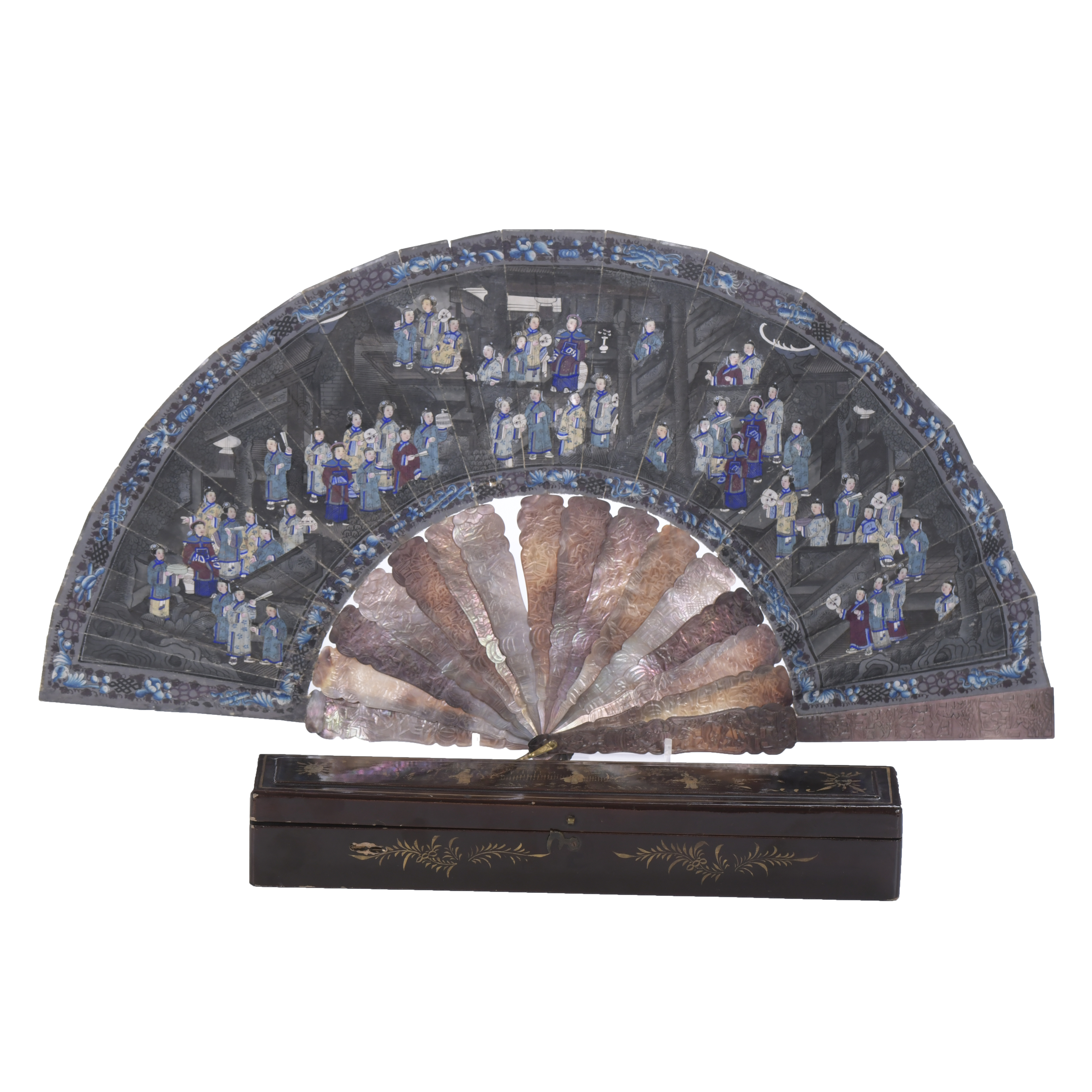 CHINESE "THOUSAND FACES" FAN, WITH BOX, 19TH CENTURY.