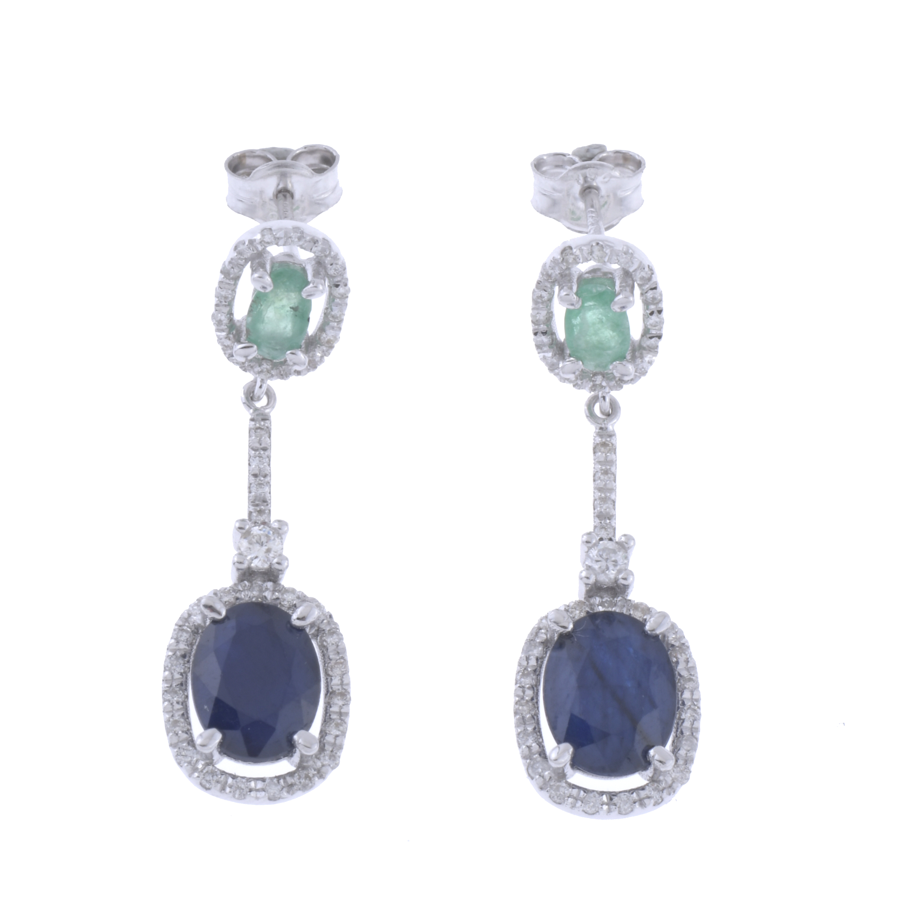 EARRINGS WITH DOUBLE ROSETTE OF SAPPHIRES AND EMERALDS