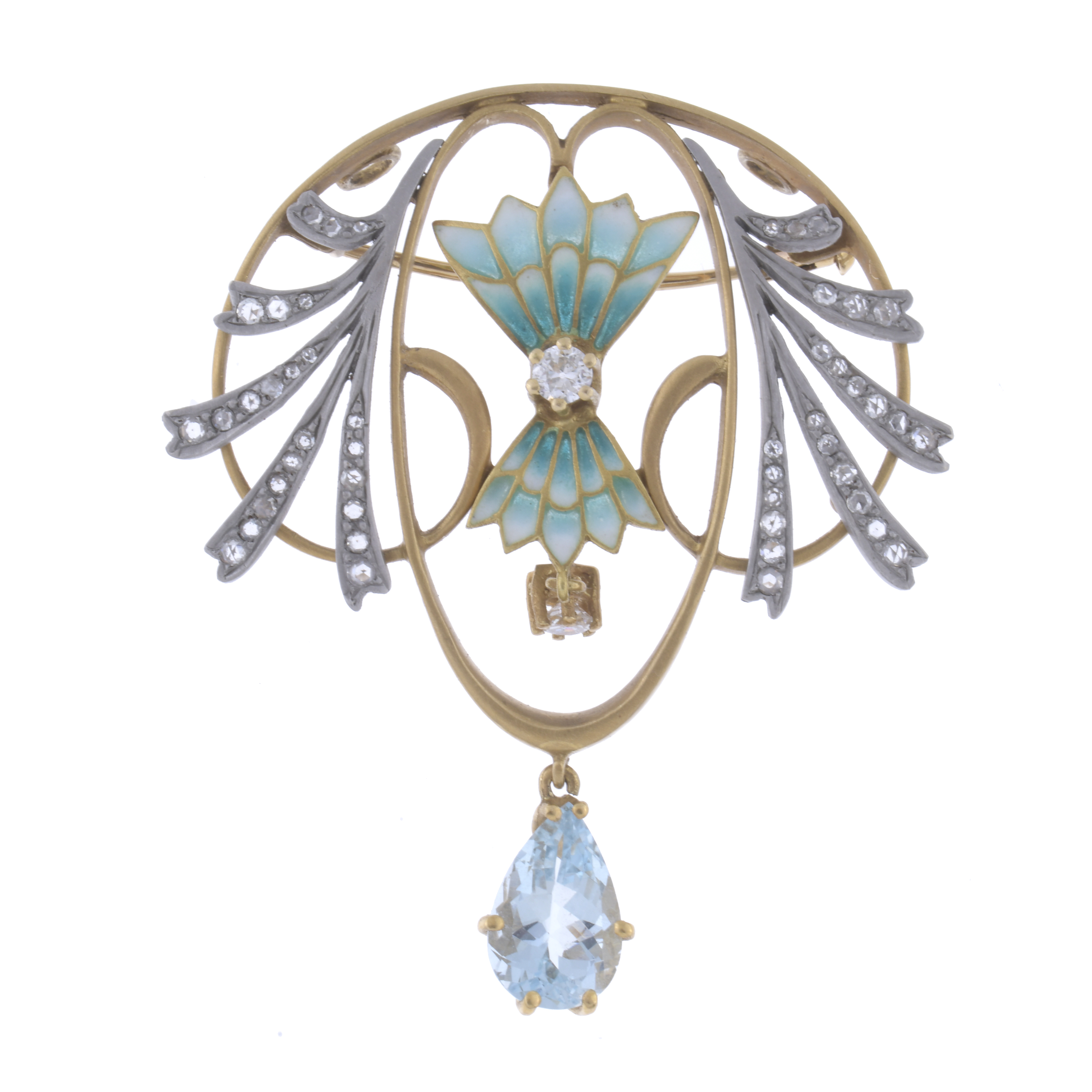 MODERNIST BROOCH WITH ENAMEL, DIAMONDS AND AQUAMARINE.