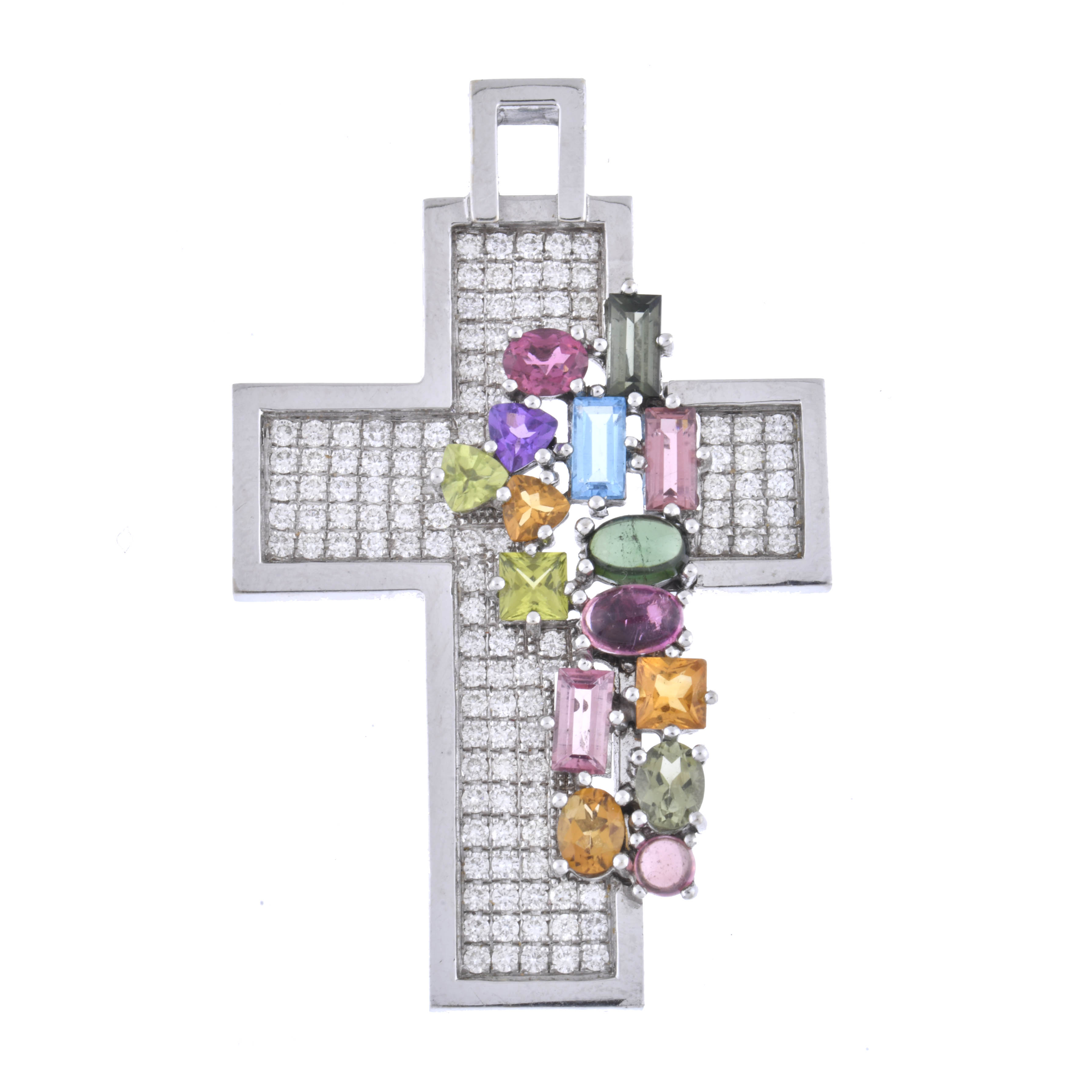 Pendant cross with diamonds and coloured stones.