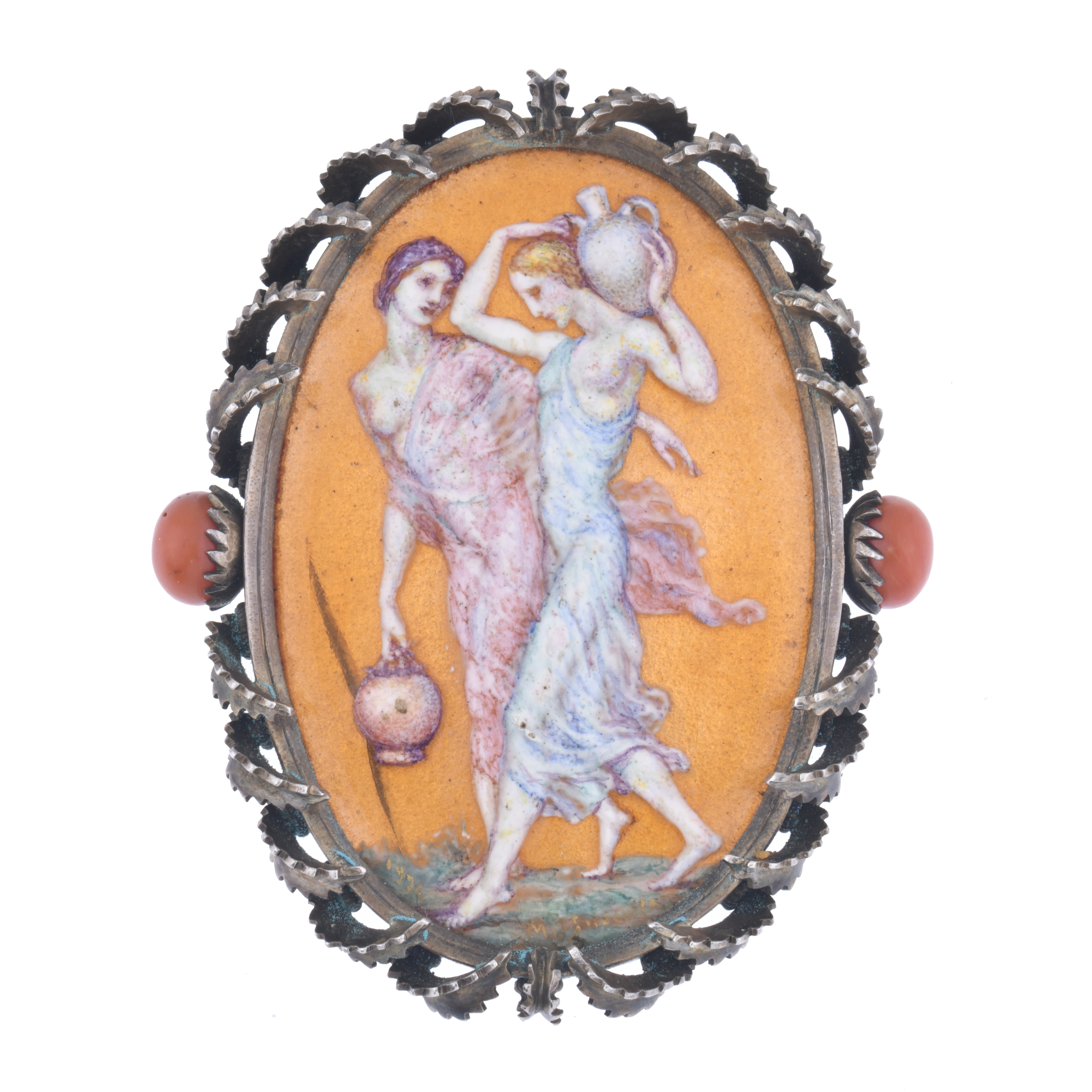 SUNYER, Broche noucentista con esmalte y coral, circa 1915-