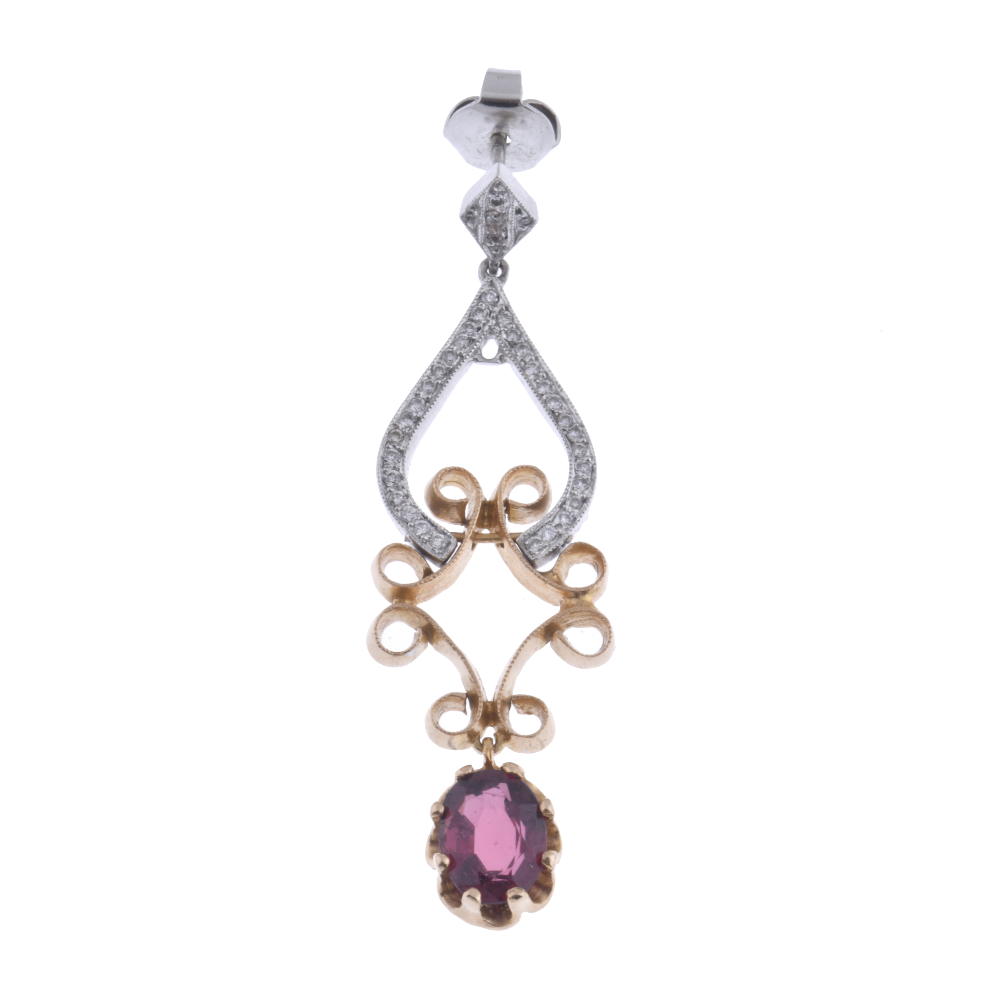 An earring with diamonds and ruby