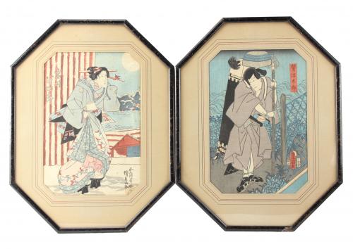 ESCUELA JAPONESA DEL SIGLO XIX"Samurai" y "dama con kimono".