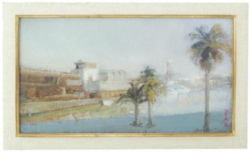 EVA LLORENS RODRIGUEZ (1923)"Puerto de Barcelona"Óleo sobre tabla