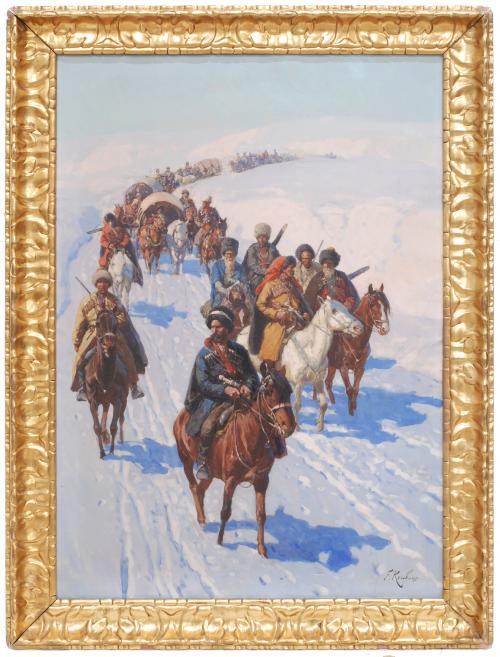 465-FRANZ A. ROUBAUD (1856-1928) "Tropas caucásicas cruzando las brumas en las montañas caucásicas".