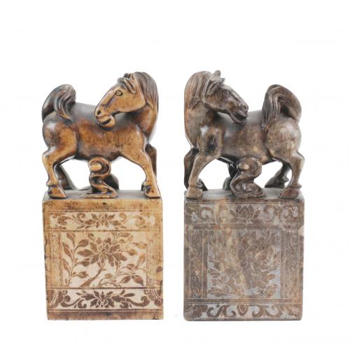 Carved in hard stone in form of the horses on stands with floral decoration.18x8.5x3.5cm