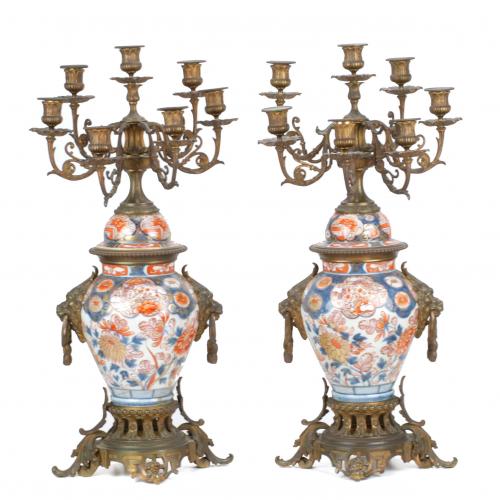 Imari decorated porcelain with later bronze mounts, transformed in candelabra with 6 lights.66 cm H