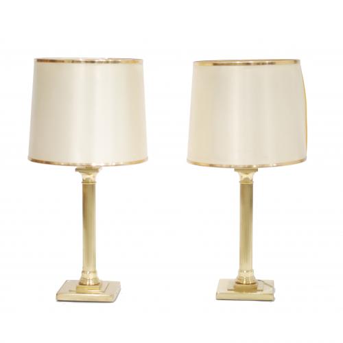 Gold metal finish, fabric and cardboard shade, each lamp with two bulbs.  69.5 x 31 x 31 cm. 