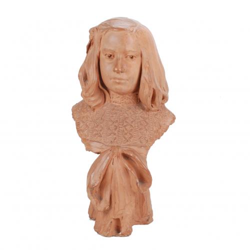 Terracotta tutto tondo sculpture. The child depicted was one of the daughters of Federico Vaño Ortiz, a patron of the artist. Signed and dated on the back, 1905.Small losses.59 x 32 x 24 cm. 