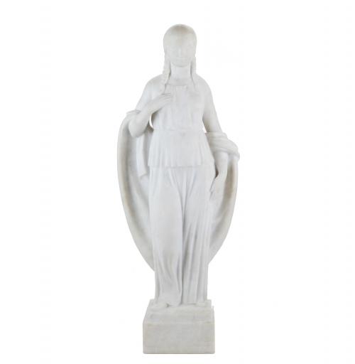 Carved from one piece of marble. Signed on the right of the pedestal. A similar figure titled "Flora" and executed 1917 is in the collection of the Museu Nacional d'Art de Catalunya.77 x 29 x 16 cms.