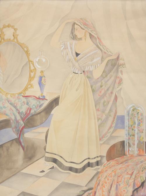 ESCUELA ESPAÑOLA, SIGLO XX. "MUJER ANTE EL ESPEJO", 1942.