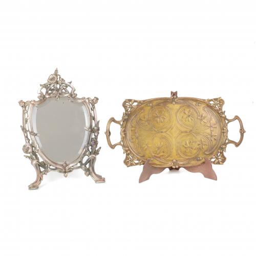 FRENCH ART NOUVEAU TABLE TOP MIRROR AND ORNAMENTAL TRAY, CIRCA 1910.