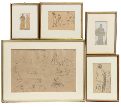 LOT OF FIVE DRAWINGS BY DIFFERENT ARTISTS: J. Suñé, Terruella, Baixeras and Pons Martí