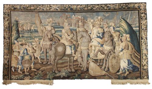 LARGE AUBUSSON TAPESTRY, "MILITARY SCENE", C18th.