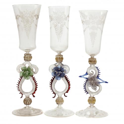 THREE VENETIAN MURANO GLASSES, C20th.