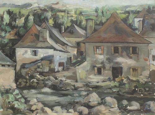 JOAN SERRA MELGOSA (1899-1970). "LANDSCAPE WITH RIVER AND HOUSES"