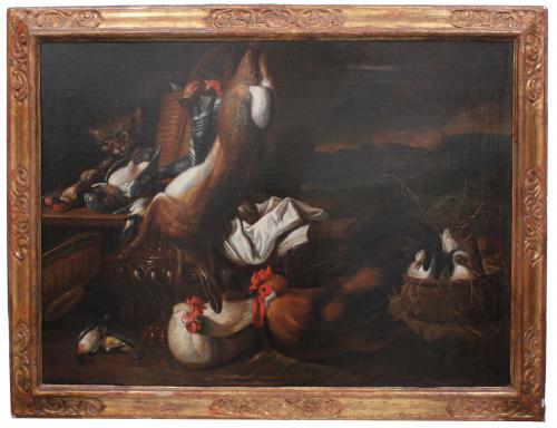 JACOPO DA CASTELLO (1637-1712). "BODEGÓN CON AVES, ANIMALES DE CAZA, GATO Y JARRÓN".