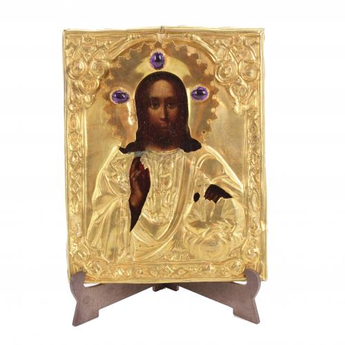 1011-ICONO RUSO IMPERIAL, "CRISTO PANTOCRÁTOR", MED. SIGLO XIX.