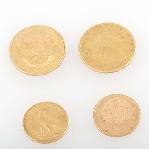 TRES MONEDAS EN ORO AMERICANAS Y UNA MEXICANA.