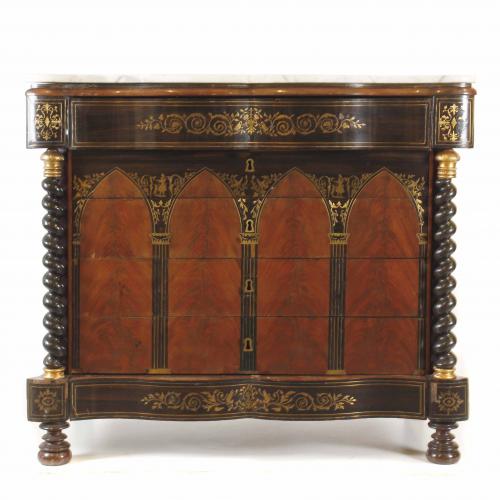 ELIZABETHAN CHEST OF DRAWERS-DESK IN NEO-GOTHIC STYLE, 19TH CENTURY.