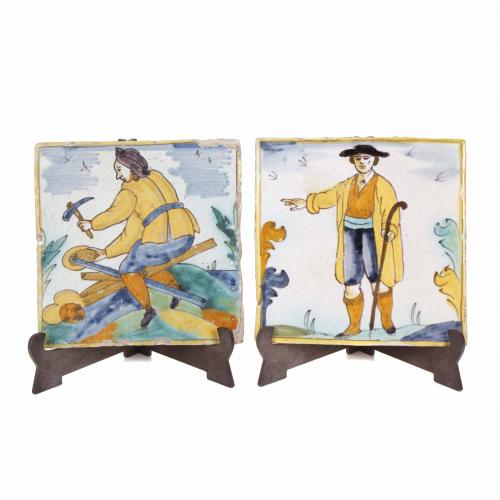 TWO CATALAN "CRAFTS" TILES, 18TH CENTURY. 