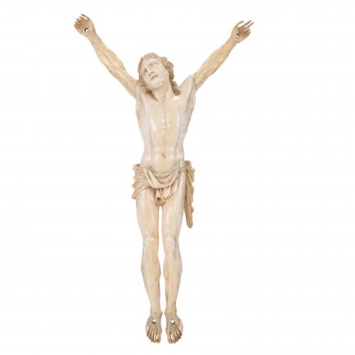 19TH CENTURY FRENCH DIEPPE SCHOOL CRUCIFIED CHRIST WITH FOUR NAILS.