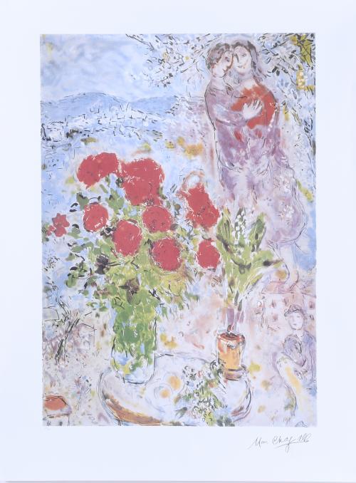 AFTER MARC CHAGALL (1887-1985). "BOUQUET OF RED FLOWERS WITH LOVERS".