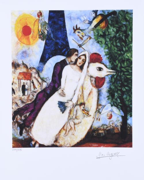 A PARTIR DE MARC CHAGALL (1887-1985). "LOS NOVIOS DE LA TORRE EIFFEL".