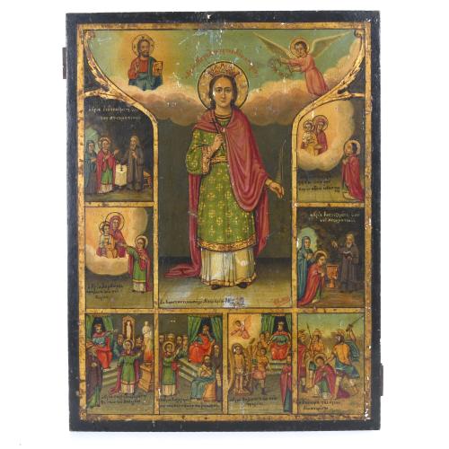 RUSSIAN ICON WITH SCENES FROM THE LIFE OF ST CATHERINE OF ALEXANDRIA, MID 20TH CENTURY. 