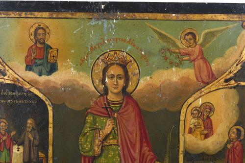 RUSSIAN ICON WITH SCENES FROM THE LIFE OF ST CATHERINE OF A