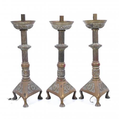 SET OF THREE SPANISH TORCH HOLDERS ADAPTED AS LAMPS, 20TH CENTURY.