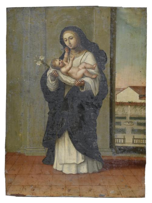 604-ESCUELA ESPAÑOLA, SIGLO XIX. "SANTA CLARA DE ASÍS CON EL NIÑO JESÚS", 1818 (?).