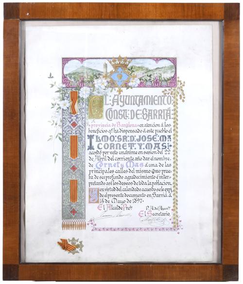 FRANCESC FLOS (1859-1929). "ORLA CONMEMORATIVA DEL AYUNTAMIENTO DE SARRIÀ A JOSE MARÍA CORNET Y MAS", 1897. 