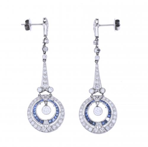 ART DECO STYLE LONG EARRINGS WITH DIAMONDS AND SAPPHIRES.